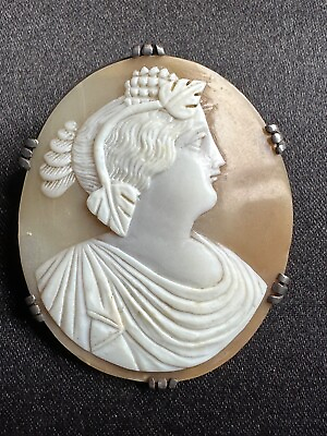 #ad Fabulous Antique 1800s French Carved Shell CAMEO Brooch Ladies portrait 5cm $419.00