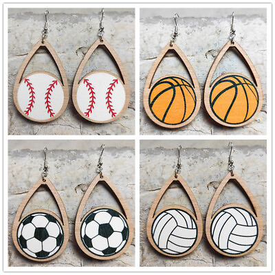 #ad New Wooden Hollow Teardrop Round Baseball Softball Earrings Women Sports Jewelry $2.09