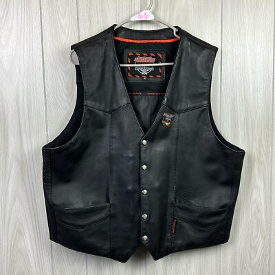 #ad Interstate Mens Leather Vest XL Black Motorcycle Patch Snap Button Outdoor $32.00