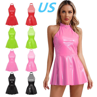 #ad US Womens Sleeveless Halter Mini Dress Sexy Patent Leather A line Dress Clubwear $13.55