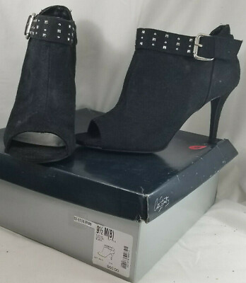 #ad City Streets Saylor Black Suede Heels Size 9.5 Open Toed Studded w Buckle Women $13.89