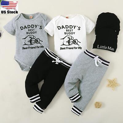 Newborn Baby Boy Short Sleeve Print Tops Pants Hats Clothes Outfits Set 3PCS $20.29
