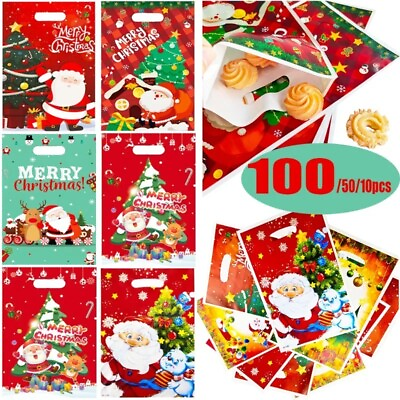 #ad 10 50 100Pc Christmas Gift Bags XMAS Candy Cookie Bags Santa Claus Plastic Pouch $5.40
