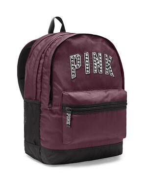 #ad NWT Victoria#x27;s Secret Pink Bling Campus Backpack Black Orchid Burgundy Logo Zip $45.94