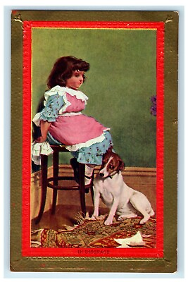 #ad c1910#x27;s Little Girl Sitting In Stool Chair Dog At Her Feet In Disgrace Postcard $9.72