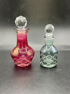 #ad 2 Bohemian Cut To Clear Colored Glass Perfume Bottles w Faceted Stoppers Vintage $32.00