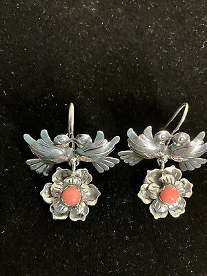 #ad Taxco Love Bird Earrings Sterling Silver Mexico Frida Kahlo Coral 925 $65.00