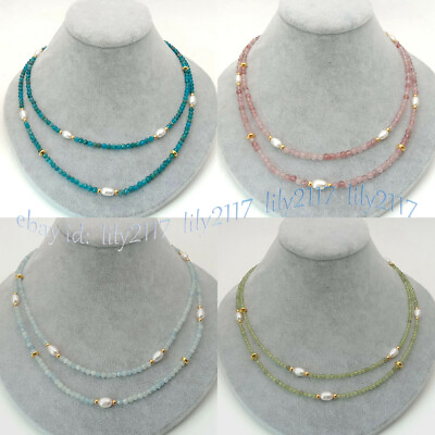 #ad 2 Rows Faceted Gemstone Natural White Rice Freshwater Pearl Necklaces 17 19#x27;#x27; $12.55