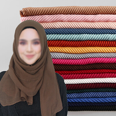 #ad Women#x27;s Pleated Maxi Hijab Scarf Plain Colors Muslim Wrinkle Shawls and Wraps $7.97