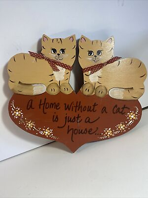 #ad Vintage Wooden Cat Hanging Wall Decor Hand Painted Striped Cat 9.5quot;x 9” $6.99