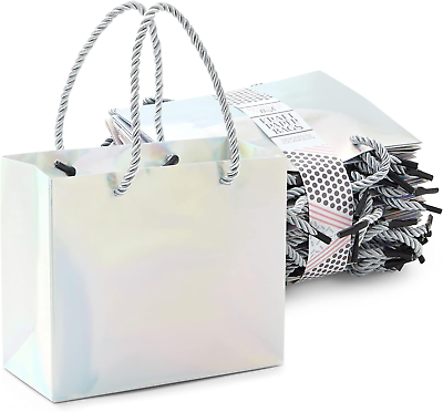 #ad 24 Pack Mini Metallic Silver Gift Bags with Rope Handles Reusable Paper Gift Ba $19.56