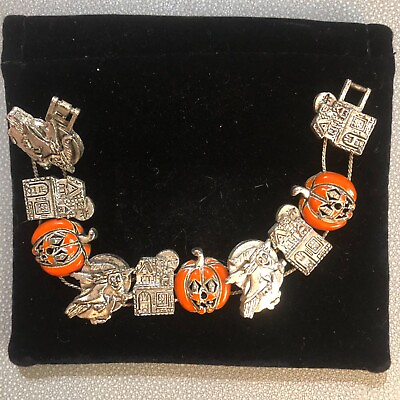 #ad Halloween Bracelet Silvertone Orange Pumpkins Witches Haunted Houses  $20.00