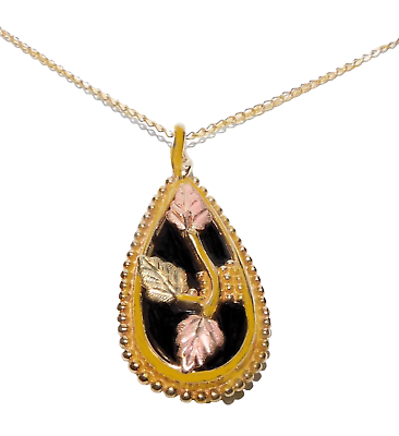 #ad Black Hills Gold 10k 12k Large Onyx Teardrop Leaves Pendant Necklace $159.00