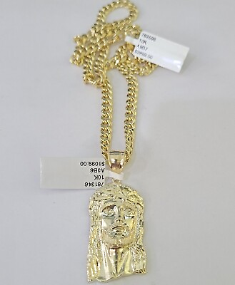 #ad #ad 10k Yellow Gold Chain Jesus Head Charm Pendant Set 5mm Miami Cuban Link Necklace $219.00