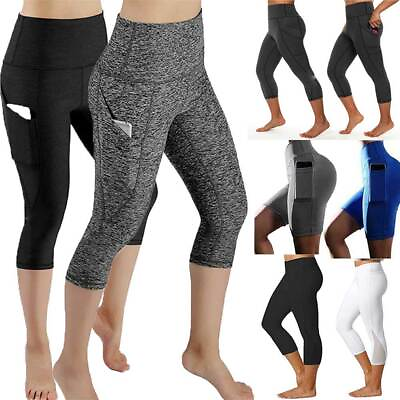 #ad Women 3 4 Capri Yoga Pants Gym Fitness Sports Cropped Leggings Pocket Slim Pants $11.48