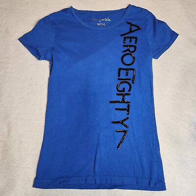 #ad Aeropostale Womens T Shirt Size M Blue Eighty Sequin Logo Short Sleeve EUC $6.39