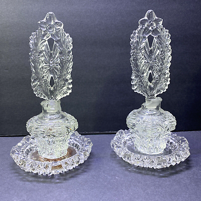 Vintage 8” Glass Crystal Perfume Bottles Tall Stoppers Matching Pair CHIP FLAW $26.95