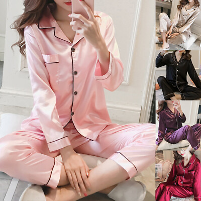 #ad Womens Satin Pyjamas Ladies Silk Long Sleeve Soft Nightwear Sleepwear PJs NEW $18.19