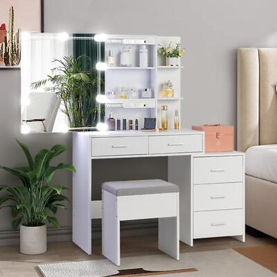 #ad 5 Drawers Vanity Desk Set with Large LED Lighted Mirror for Bedroom Makeup Dress $175.99