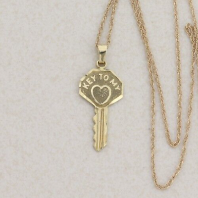 #ad 14k Yellow Gold #x27;Key To My Heart#x27; Necklace 18quot; Chain $339.15