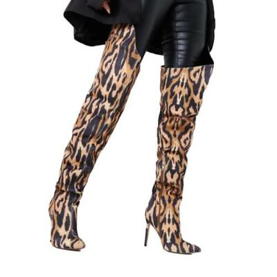 #ad Runway Women Leopard Print Thigh High Over The Knee Boots Pointy Toe Stilettos L $68.73