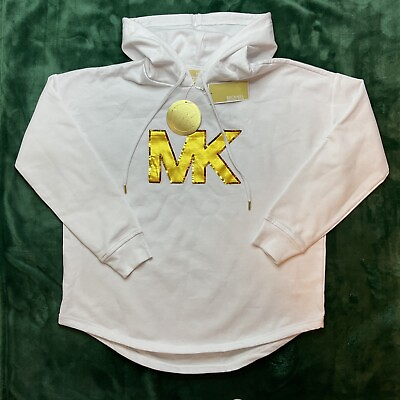 #ad MICHAEL KORS Women’s Long Sleeve Hoodie Pullover MEDIUM White w Gold MSRP $98.00 $65.00