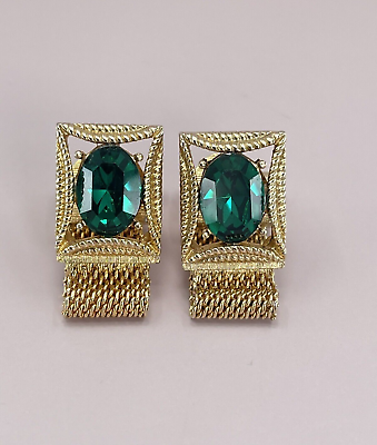 #ad Vintage Oval green rhinestone mens cufflinks rectangle gold tone 1quot; $24.80