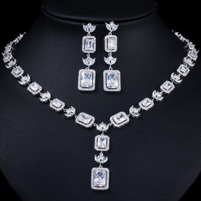#ad #ad CWWZircons Princess Cut White CZ Crystal Wedding Necklace Jewelry Sets for Women $29.43