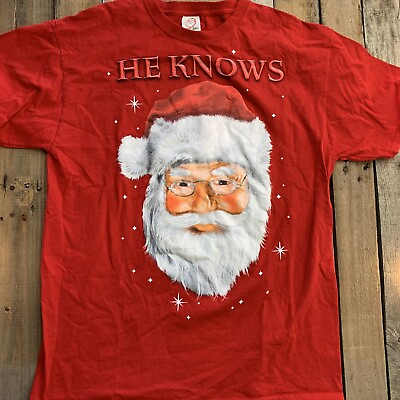 #ad He Knows Santa Clause Christmas Mens T Shirt Size L $10.49
