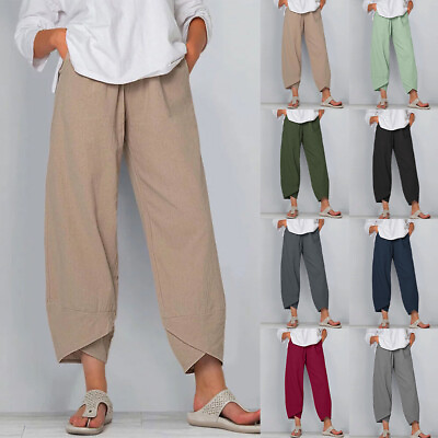 #ad Summer Womens Cotton Linen Baggy Solid Casual Harem Pants Trousers Cropped Capri $18.58