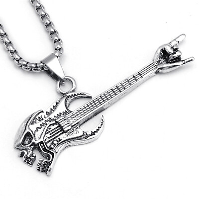 #ad Mens Rock N Roll Guitar amp; I Love You Gesture Necklace Pendant Stainless Steel $9.95