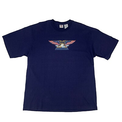 #ad Vintage Pride of America T Shirt Mens L Large Blue Bald Eagle Flag Raised Logo $12.70