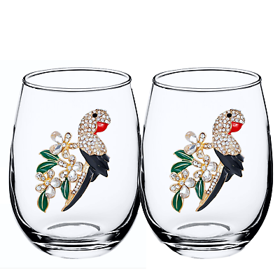 #ad #ad Stemless Wineglass Sparkling Crystal Rhinestone Parrot Gold amp; Black Bling Set 2 $36.00