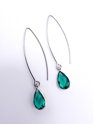 #ad LIGHTWEIGHT Dainty Rich Green Teardrop Crystals Silver Plated Threader Earrings $16.79