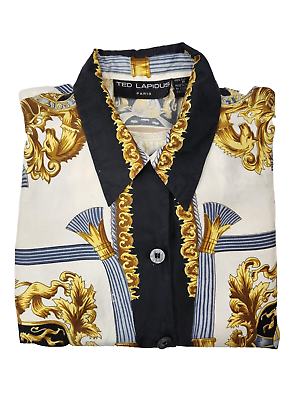 #ad Vtg Adult Rare Ted Lapidus Paris Silk Shirt L#x27;union Fait La Force Crest Shirt M $50.00