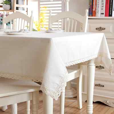 #ad Linen Cotton Thicken Tablecloth White Lace Splice Washable Dinner Table Cloth $82.80