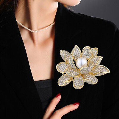 #ad New Elegant Zircon Crystal Lotus Flower Woman Brooch Pin Brown Pearl Jewelry $7.99