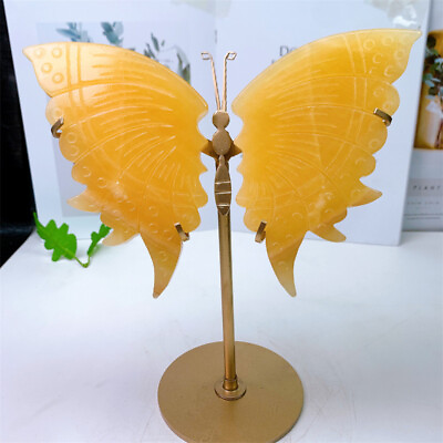 #ad Natural Crystal Yellow Calcite Butterfly Wings Healing Reiki Statue Decor Stand $92.04