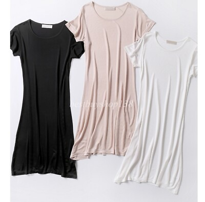 #ad Lady Knit Silk Nightgown Short Sleeve Nightshirt Slip Dress Chemise Sleepwear $18.81