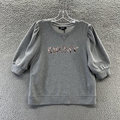 #ad DKNY Shirt Womens Medium Gray Bubble Short Sleeve Animal Print Logo Top Ladies M $6.97