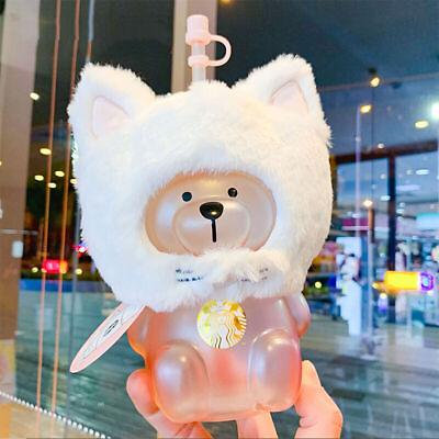 #ad 2021 Starbucks Tumbler Sakura Season Pink Cat Headgear Bear Glass Straw Cup $33.99