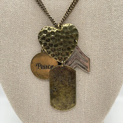#ad Pendant Necklace Bronze Heart Hammered Peace Charm Long Costume Jewelry 30quot; $4.98
