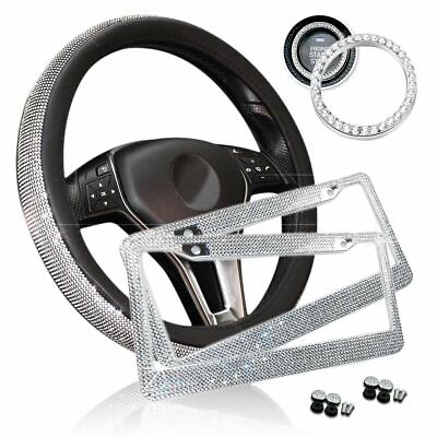 #ad Car Bling Set Crystals Steering Wheel Cover License Plate Frame Ring Sticker US $23.00