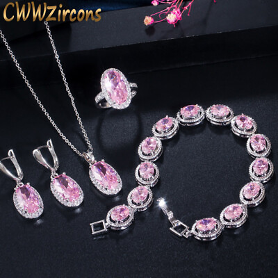 #ad Silver Plated Pink CZ Oval Necklace Huggie Earring and Bracelet Ring Jewelry Set C $29.40