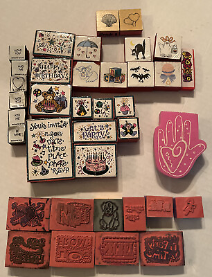 #ad Lot Of 37 Non Wooden Stamps Happy Birthday Party Valentine Halloween PSX $19.95