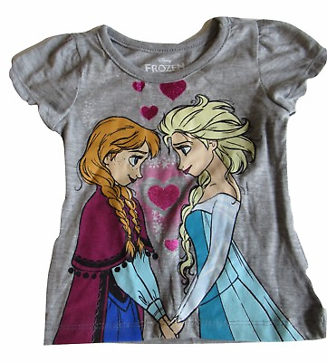New Disney Anna Elsa Frozen Girls 2 Toddler Gray Glitter Tee Shirt Short Sleeve $11.95
