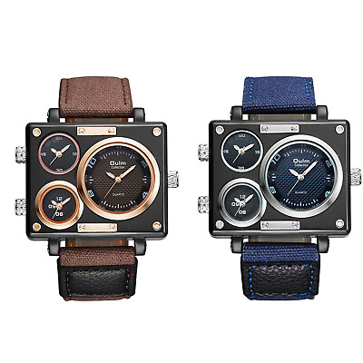 #ad Men#x27;s Army Fashion Three Time Zones Dial Leather Strap Quartz Wrist Watch $23.99