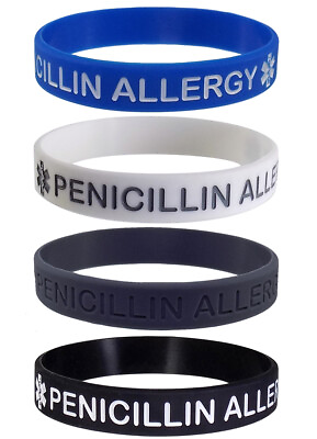PENICILLIN ALLERGY Medical Alert ID Silicone Wristbands Adult Size 4 Pack $11.95