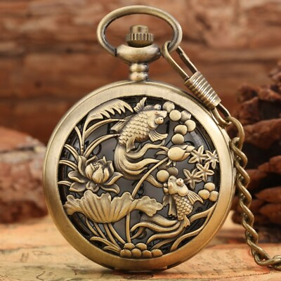 #ad Full Hunter Pocket Watch Engraved Bronze Quartz Movement with Necklace Pendant $4.64