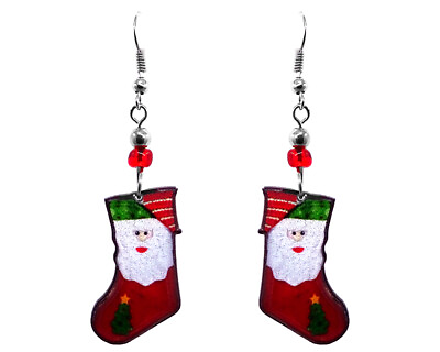 #ad Santa Christmas Stocking Graphic Dangle Earrings Jewelry Holiday Winter Themed $13.99